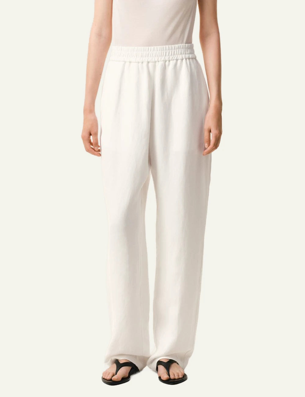 ami paris ecru straight leg trousers elastic waist front model view