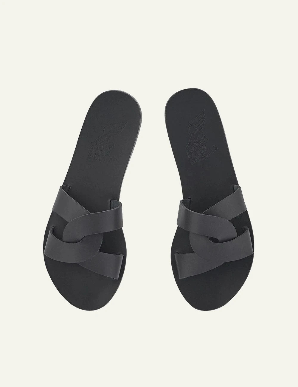Ancient Greek Sandals Desmos black leather sandals me cross straps top view