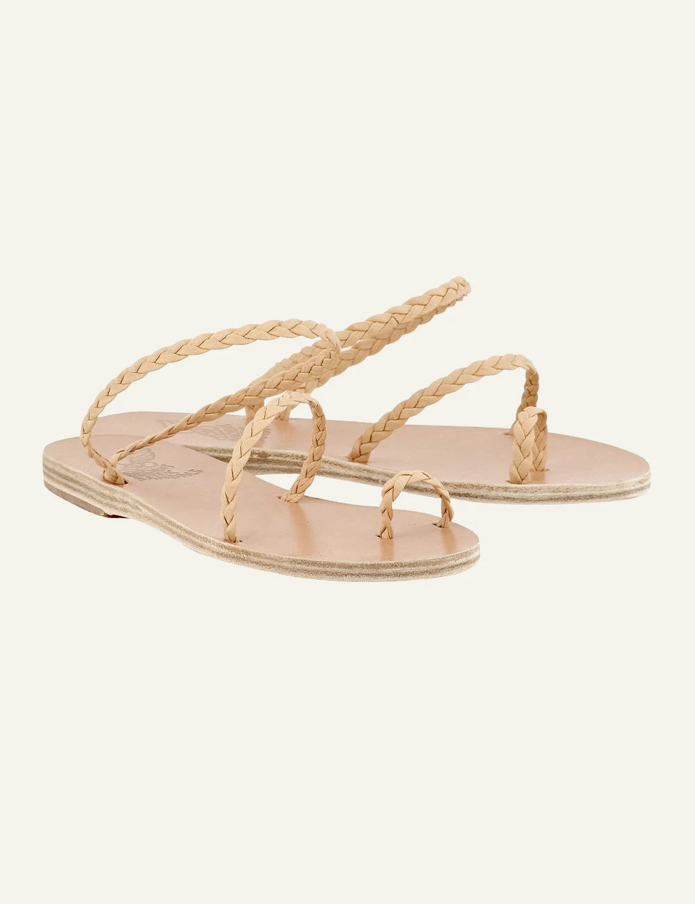 Ancient Greek Sandals Eleftheria natural braided leather sandals me toe ring angled view