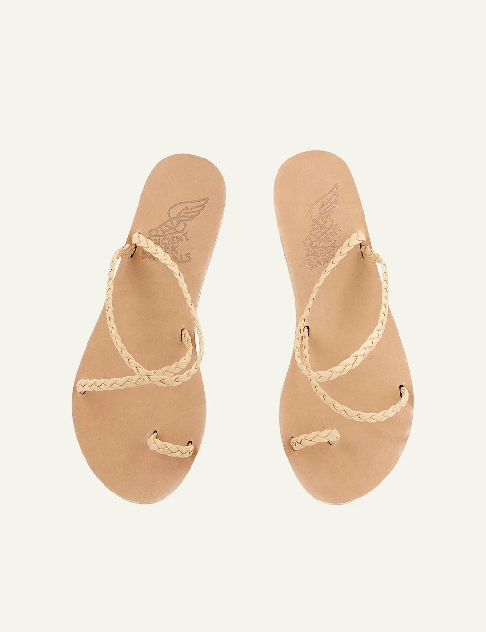 Ancient Greek Sandals Eleftheria natural braided leather sandals me toe ring top view