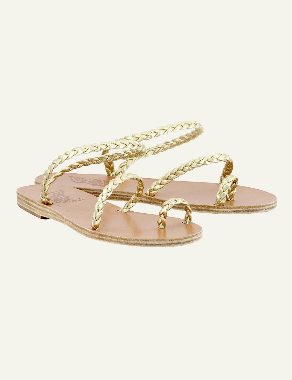 Ancient Greek Sandals Eleftheria platinum braided leather sandals me toe ring angled view