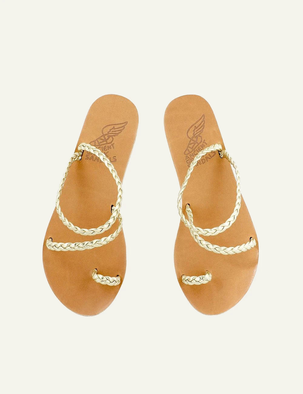 Ancient Greek Sandals Eleftheria platinum braided leather sandals me toe ring top view