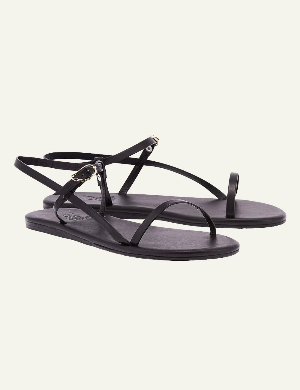 Ancient Greek Sandals Filothei black leather strappy sandal slim sole angled view