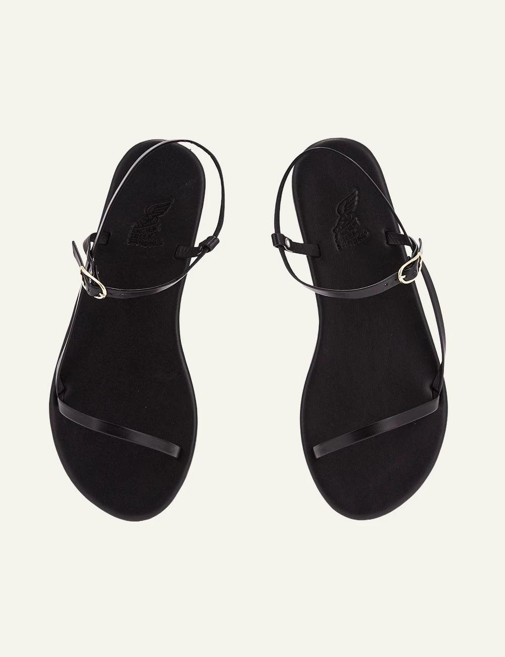 Ancient Greek Sandals Filothei black leather strappy sandal slim sole top view