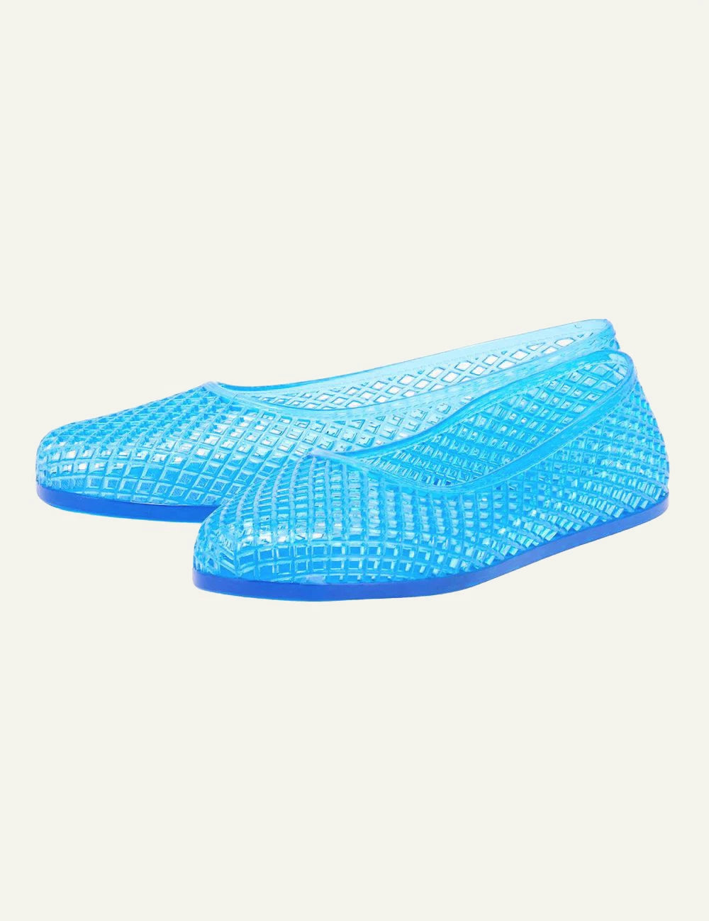 Ancient Greek Sandals Iro blue jelly ballerina mesh flat profile view