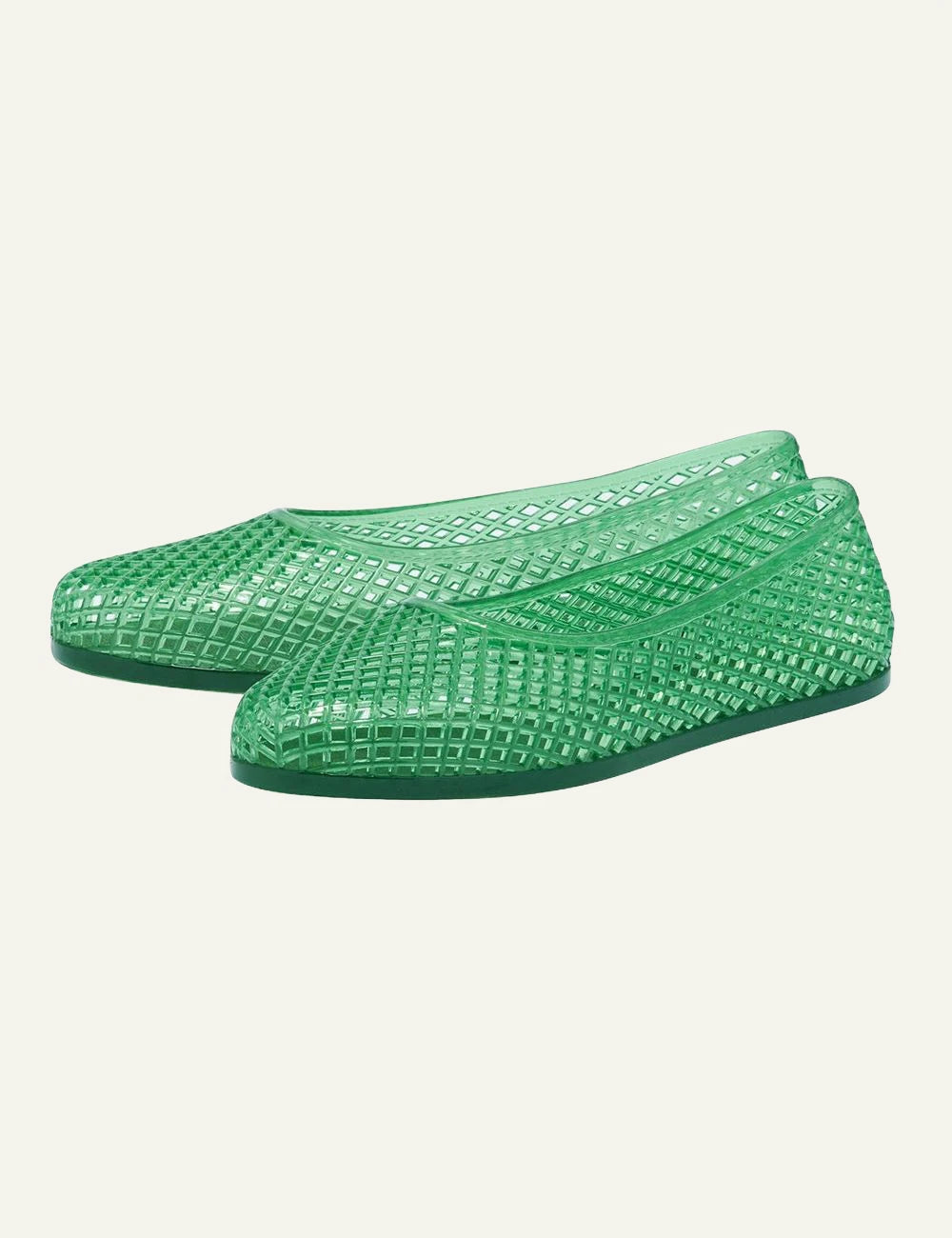 Ancient Greek Sandals Iro green jelly ballerina mesh flat profile view