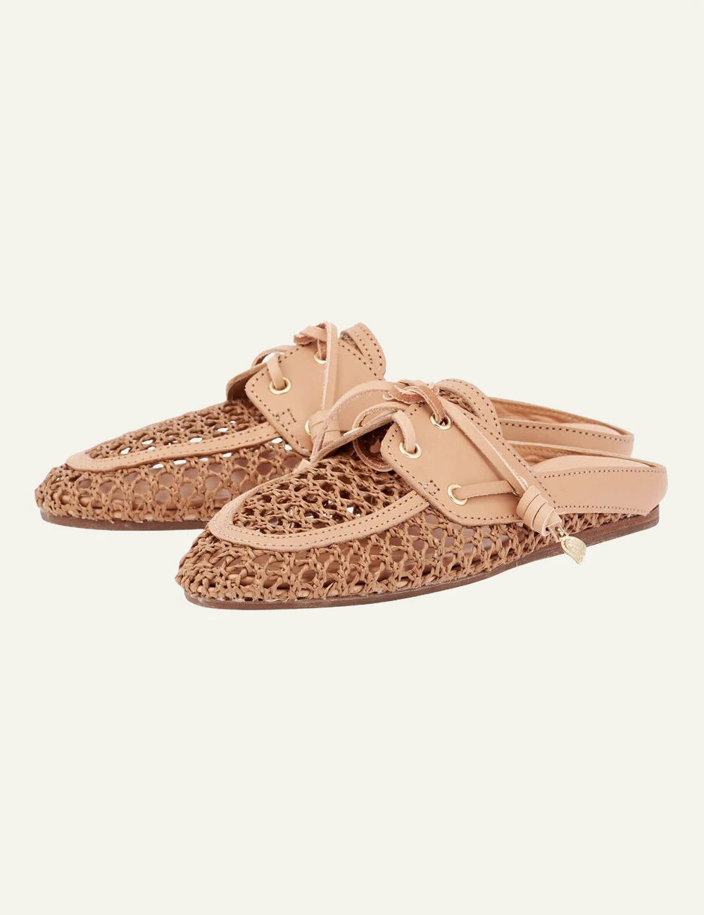 Ancient Greek Sandals Naveta brown raffia leather slide me woven texture profile view