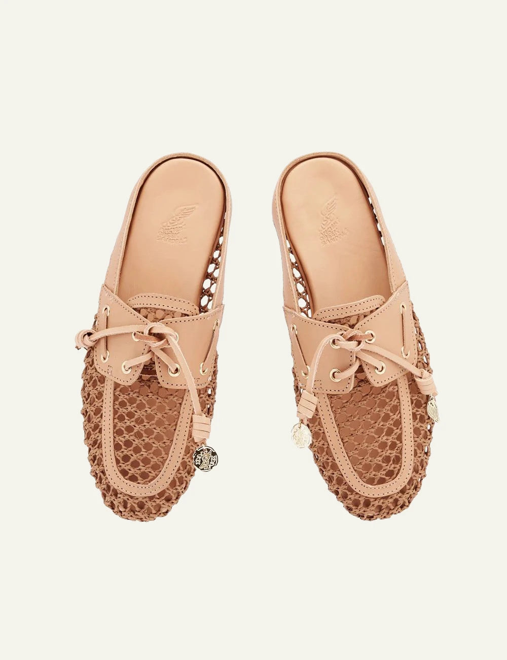Ancient Greek Sandals Naveta brown raffia leather slide me woven texture top view