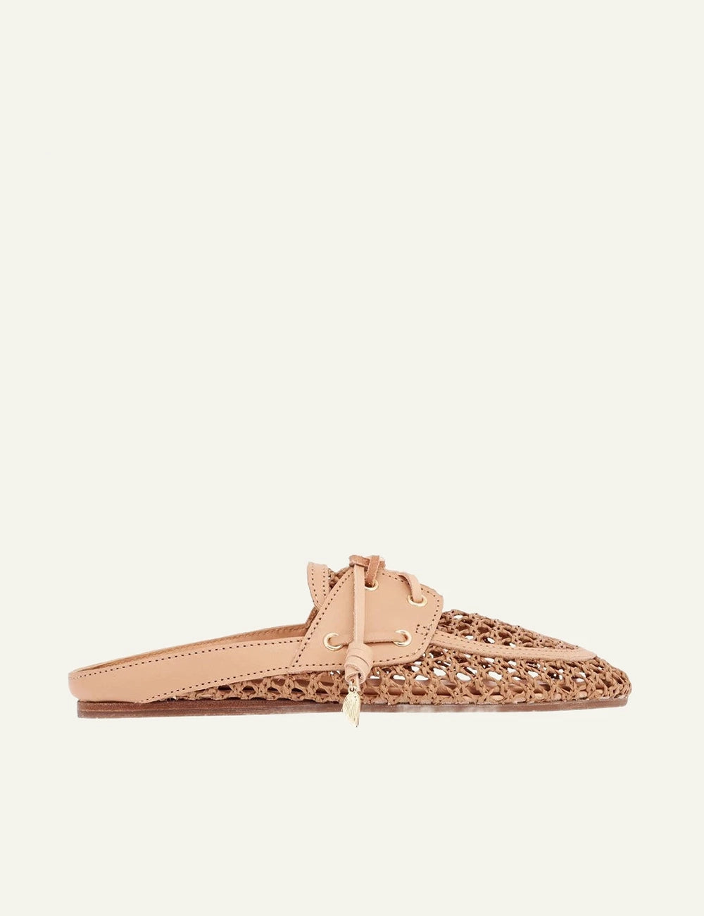 Ancient Greek Sandals Naveta brown raffia leather slide me woven texture side view
