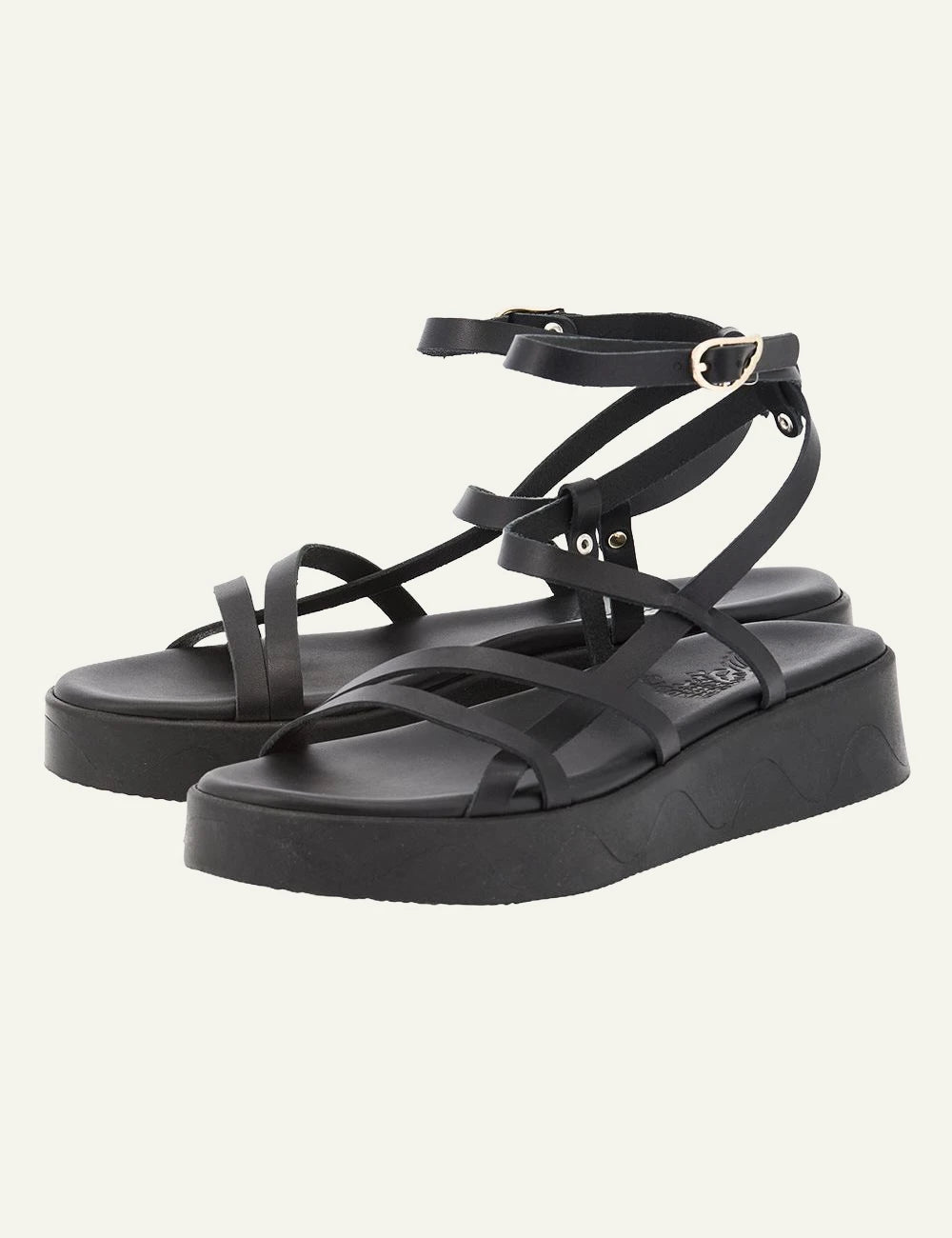 Ancient Greek Sandals Stiliani black strappy sandal me ankle strap platform profile view