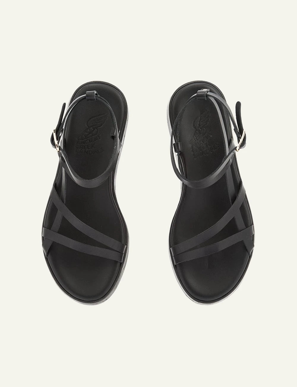Ancient Greek Sandals Stiliani black strappy sandal me ankle strap platform top view