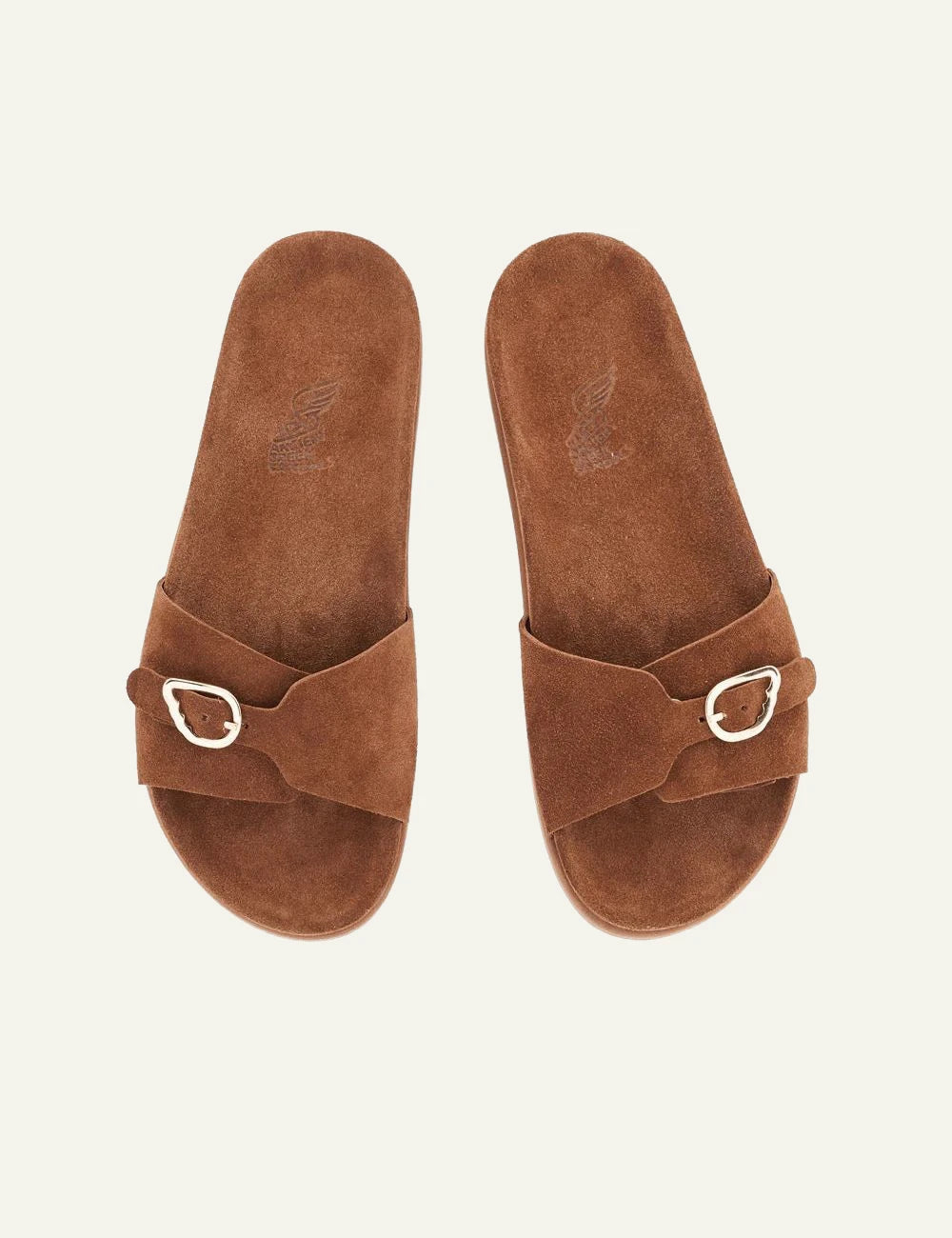 Ancient Greek Sandals Stoa rust suede slide me buckle strap top view