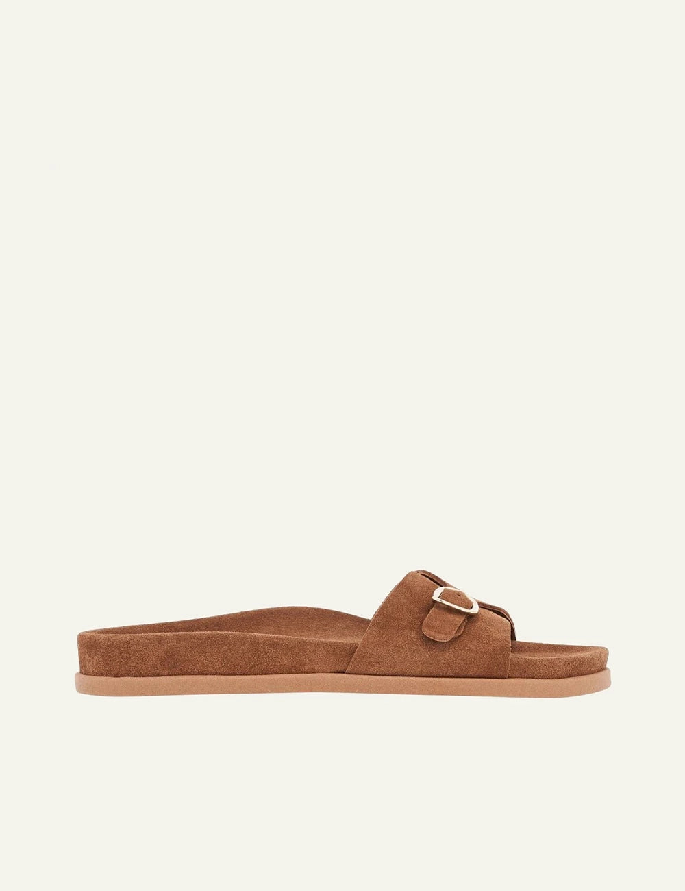 Ancient Greek Sandals Stoa rust suede slide me buckle strap side view