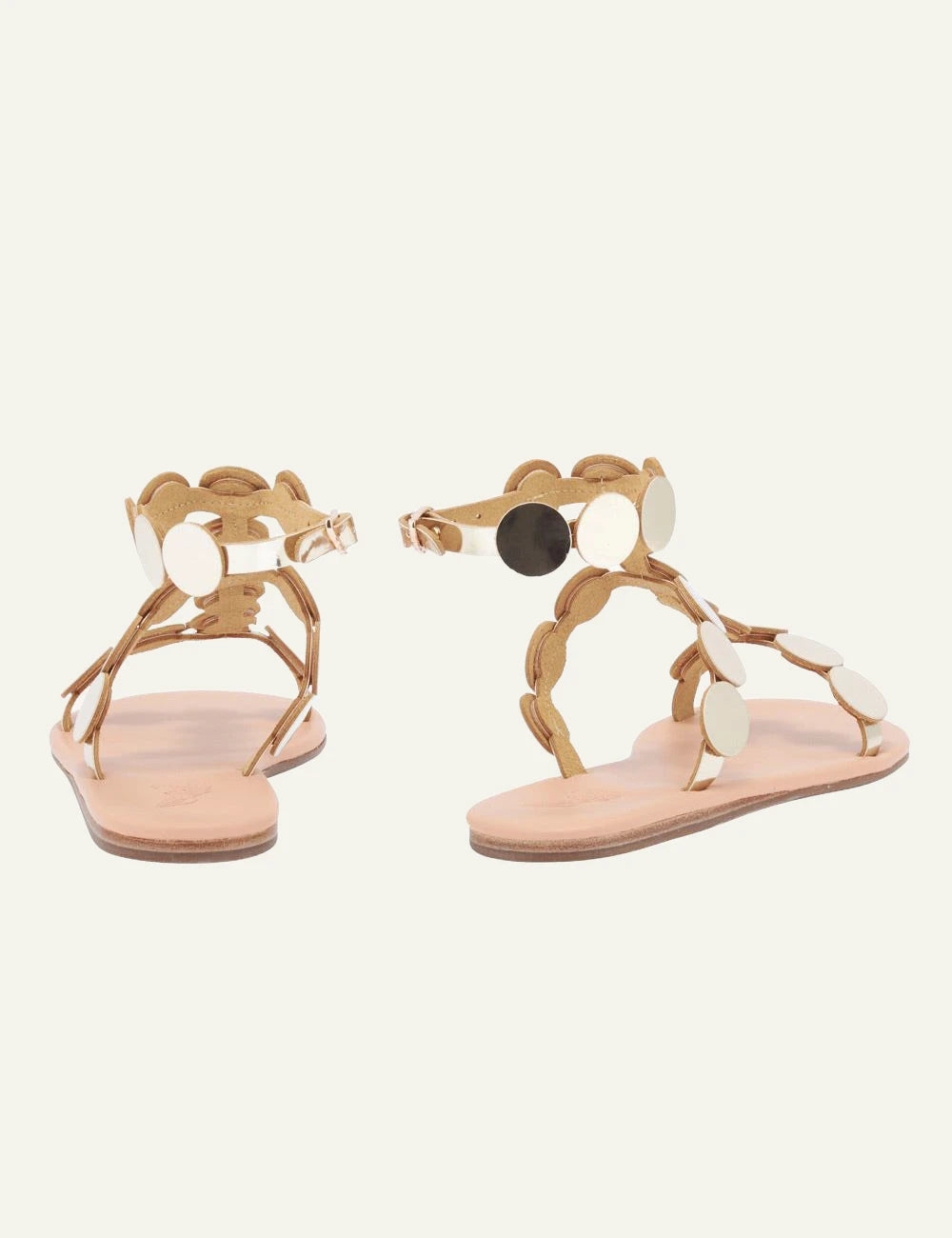 Ancient Greek Sandals Triton gold disc gladiator sandals me metallic circles back view