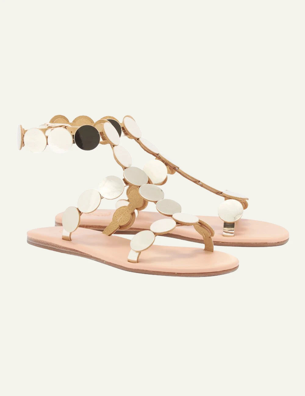 Ancient Greek Sandals Triton gold disc gladiator sandals me metallic circles profile view