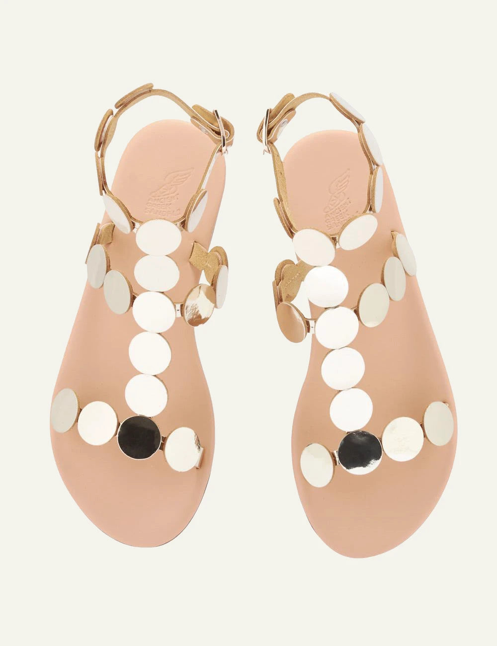 Ancient Greek Sandals Triton gold disc gladiator sandals me metallic circles top view