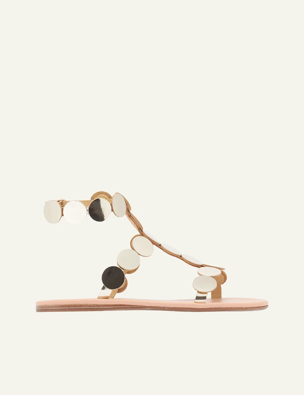 Ancient Greek Sandals Triton gold disc gladiator sandals me metallic circles side view