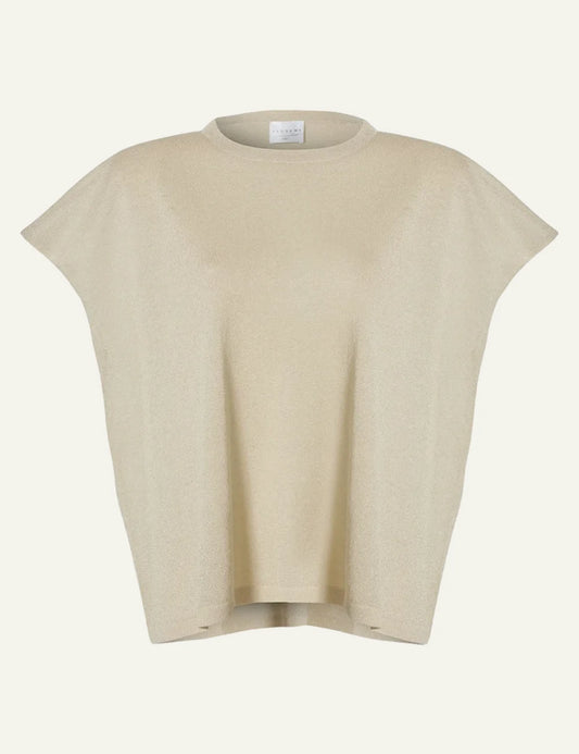 Anonyme lurex knit top gold sand short sleeve round neck front flat view