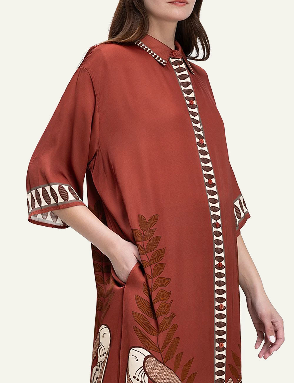 Anonyme maxi dress boho ethnic print brown red loose fit front model detail view