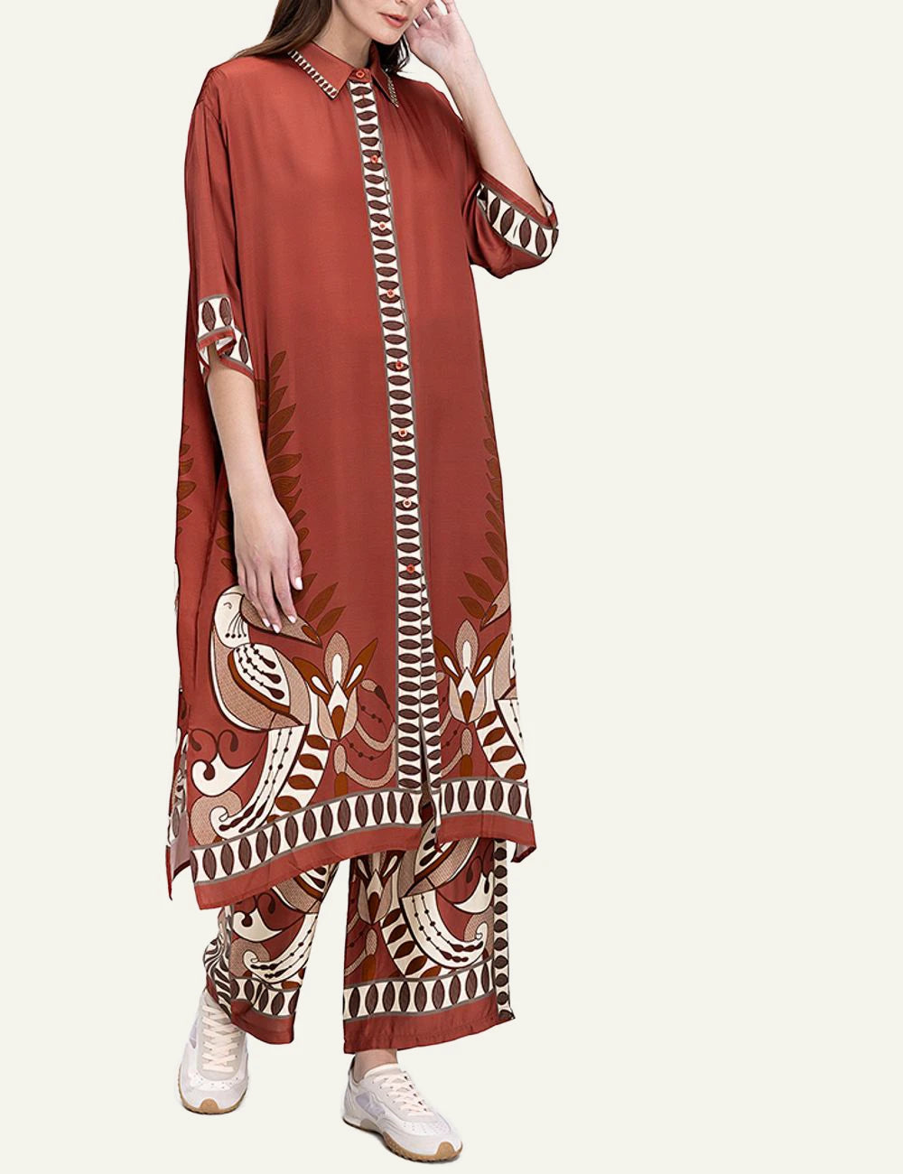Anonyme maxi dress boho ethnic print brown red loose fit front model view