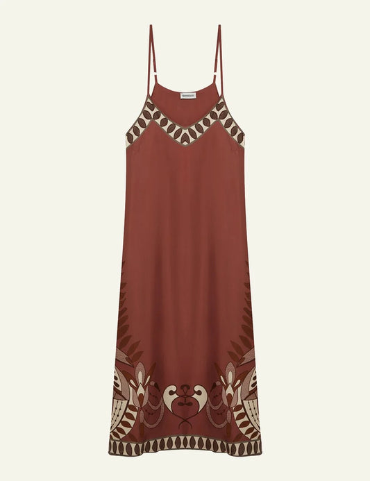 Anonyme midi dress boho ethnic print brown spaghetti straps front flat view