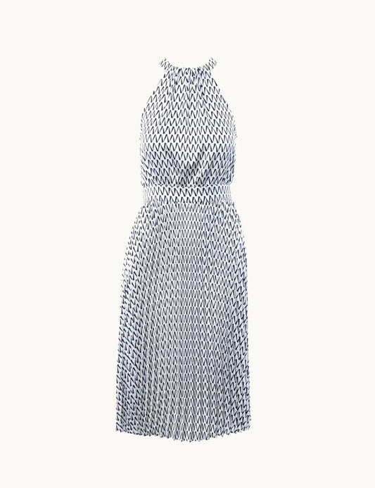 Anonyme midi dress black white pattern halter neck pleated front
