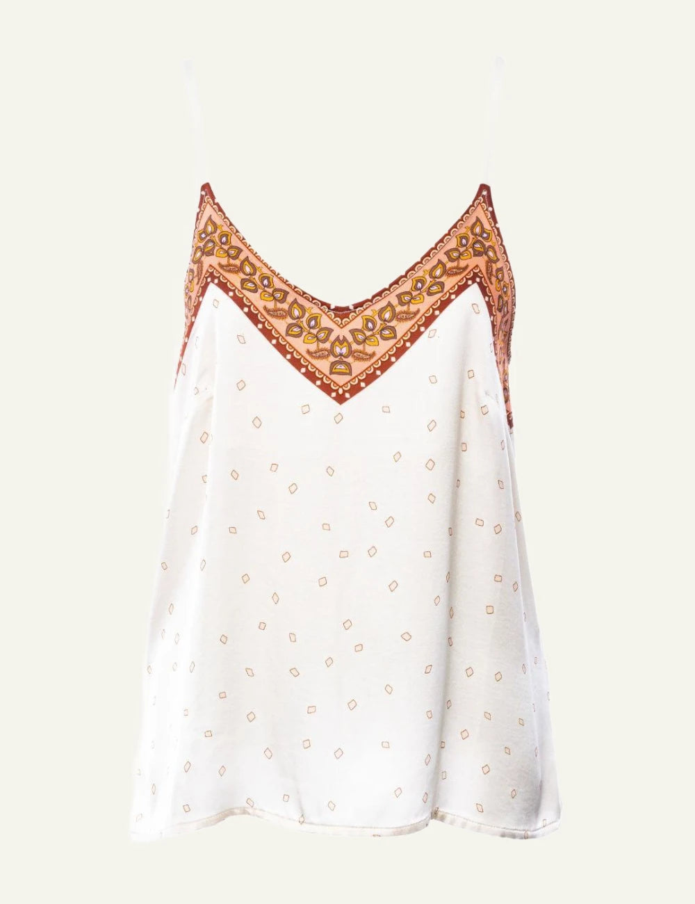 Anonyme top white copper ethnic print straps V neck front flat view