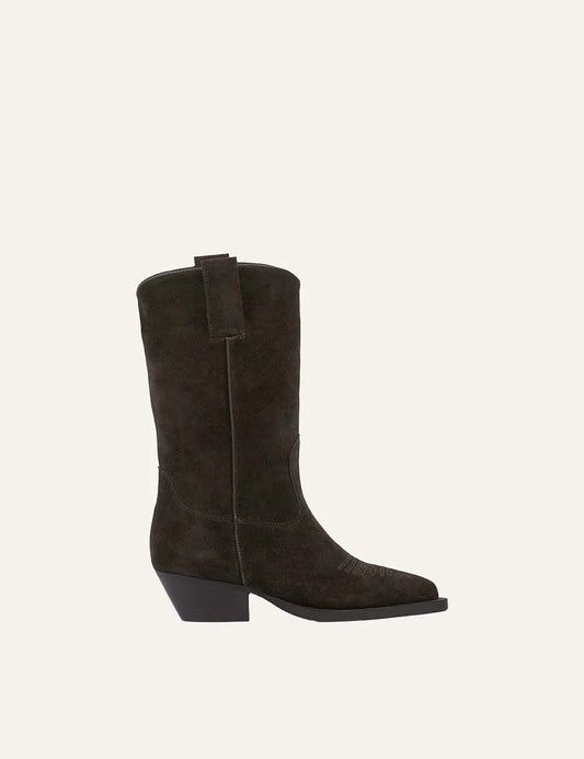 Another Trend women dark brown suede Western cowboy boots with low Cuban heel