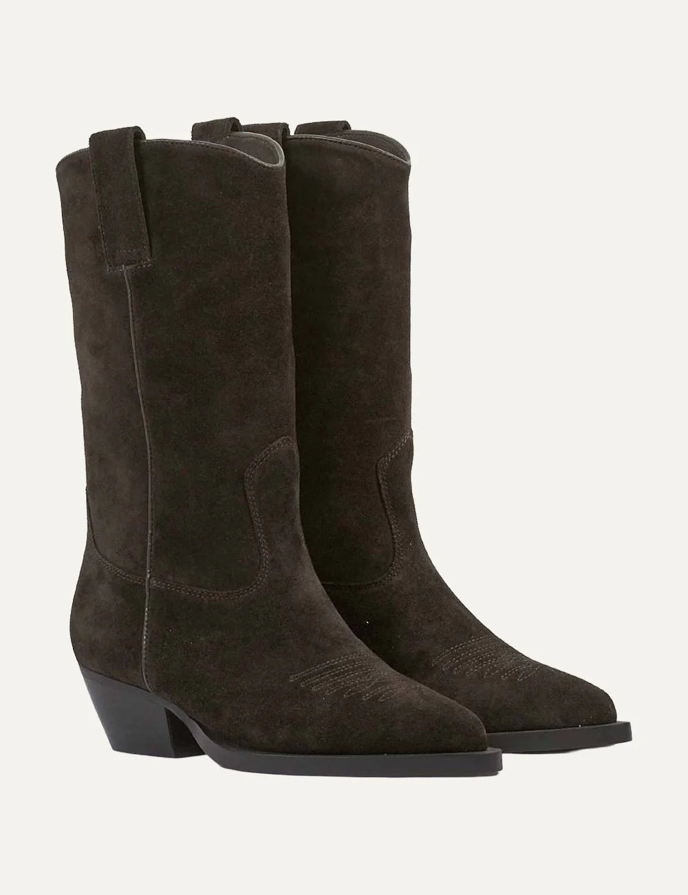 Another Trend women dark brown suede Western cowboy boots with low Cuban heel profile