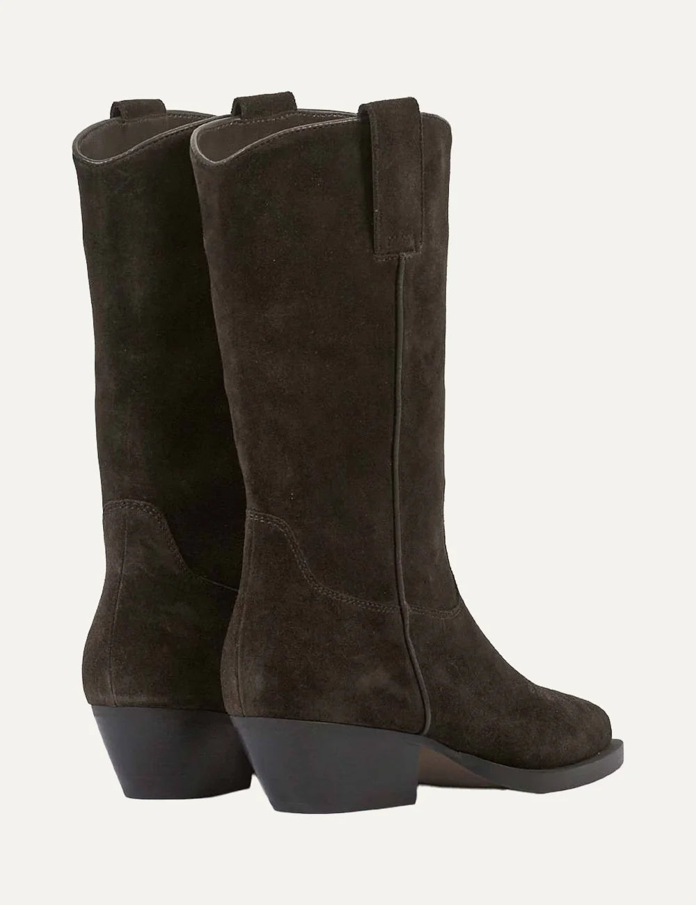 Another Trend women dark brown suede Western cowboy boots with low Cuban heel back