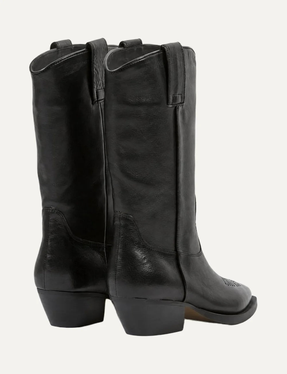 Another Trend women black leather cowboy boots with pointed toe western stitching and cowboy heel back