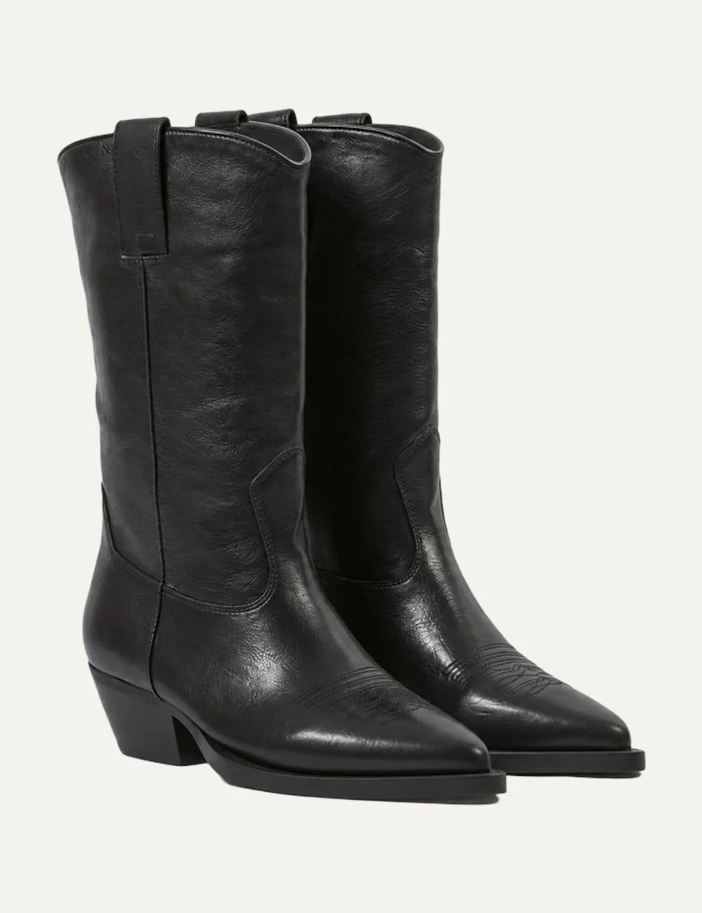 Another Trend women black leather cowboy boots with pointed toe western stitching and cowboy heel profile