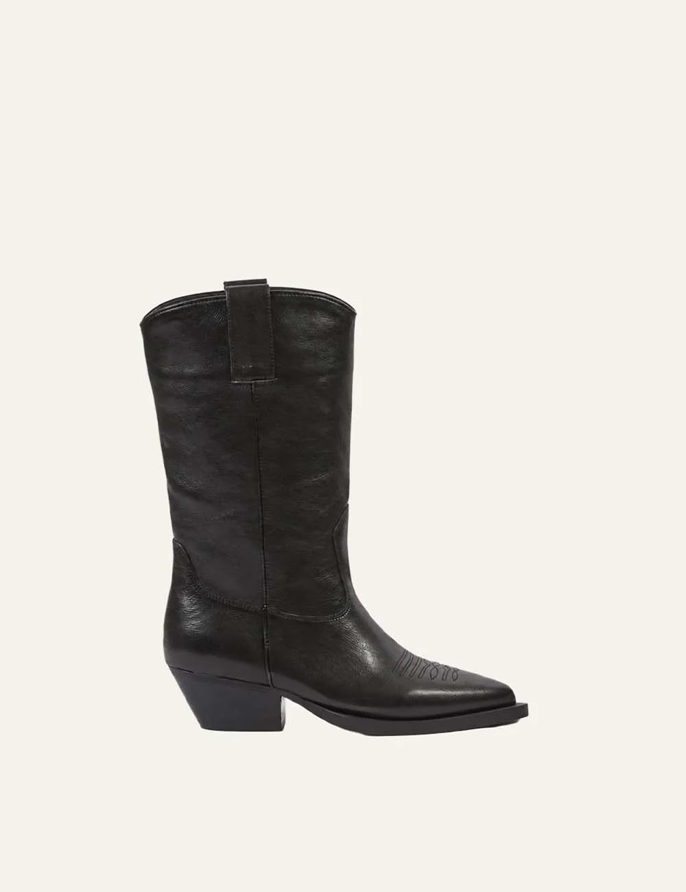 Another Trend women black leather cowboy boots with pointed toe western stitching and cowboy heel