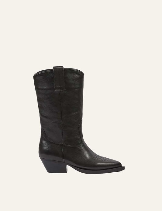 Another Trend women black leather cowboy boots with pointed toe western stitching and cowboy heel