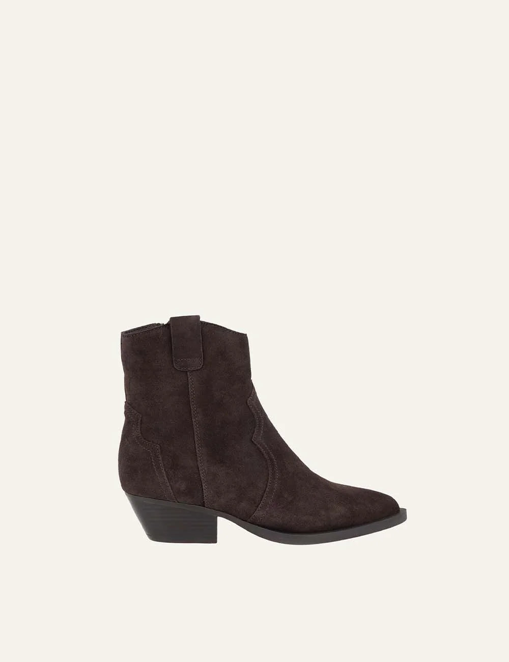 Another Trend women dark brown suede cowboy ankle boots with pointed toe and mid heel