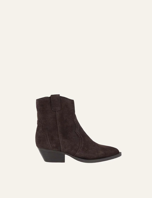Another Trend women dark brown suede cowboy ankle boots with pointed toe and mid heel