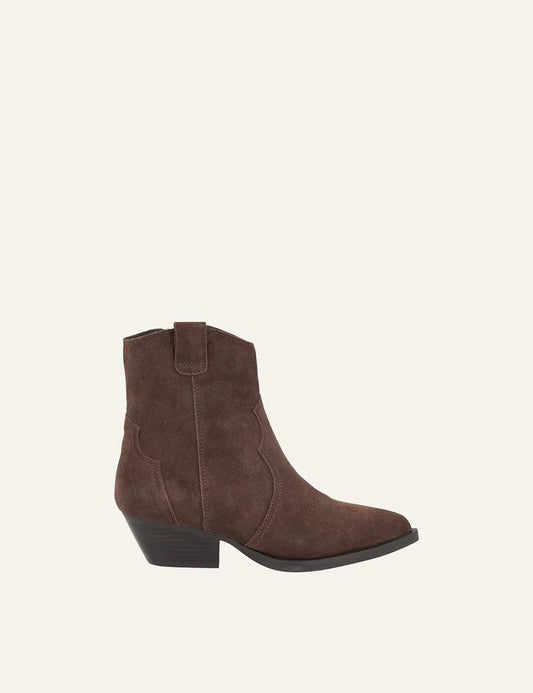 Another Trend women dark brown suede cowboy ankle boots with pointed toe and mid heel