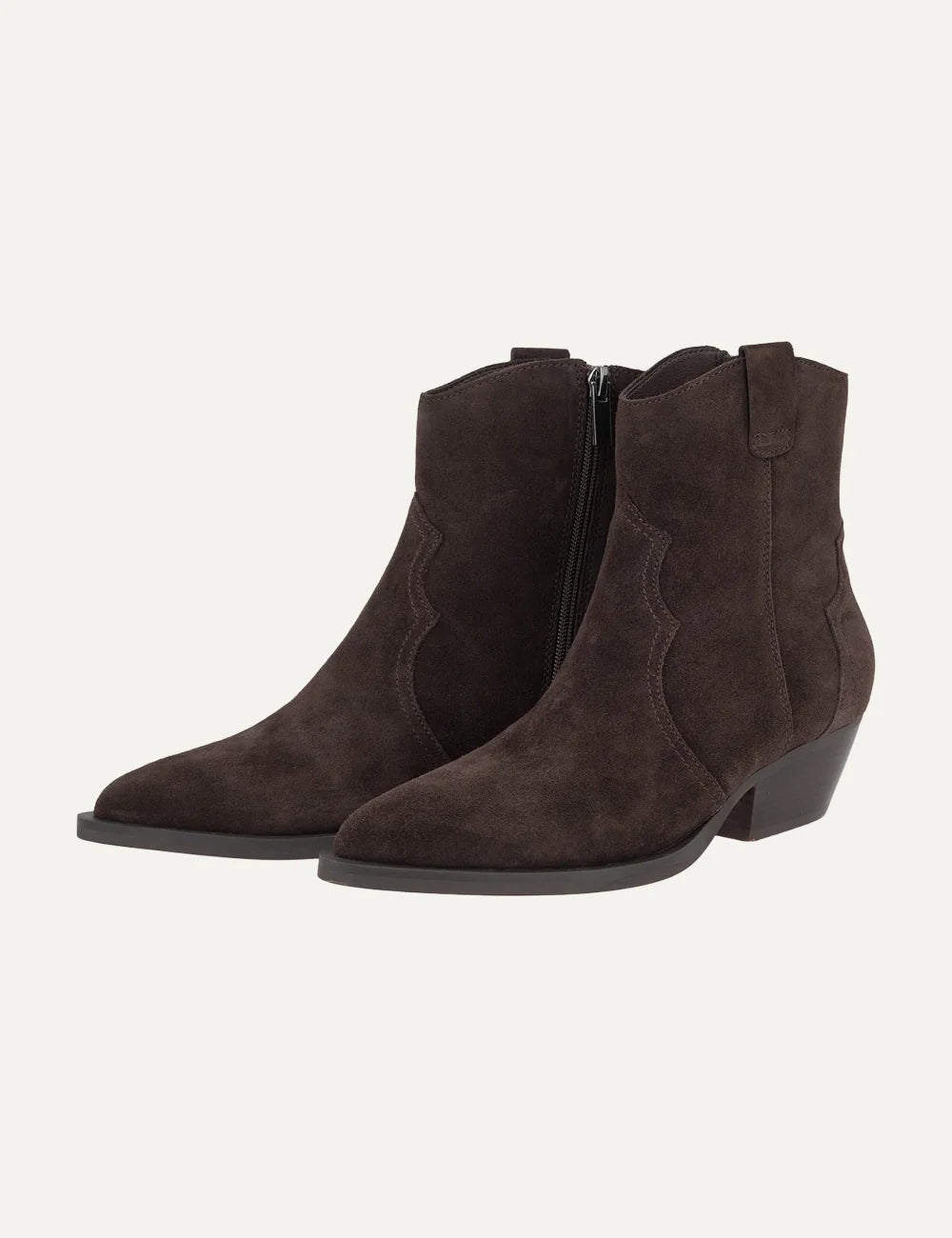 Another Trend women dark brown suede cowboy ankle boots with pointed toe and mid heel side