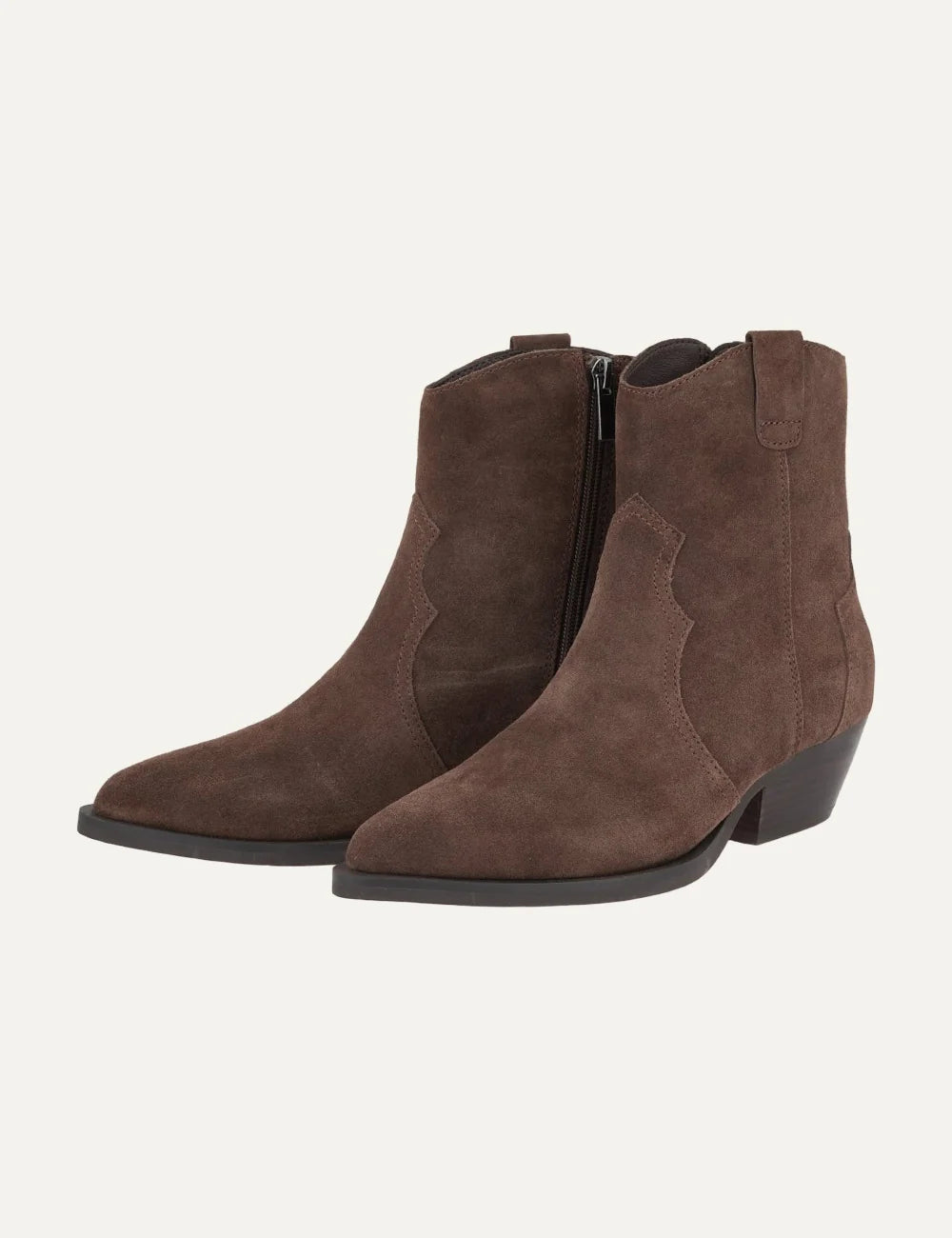Another Trend women dark brown suede cowboy ankle boots with pointed toe and mid heel side