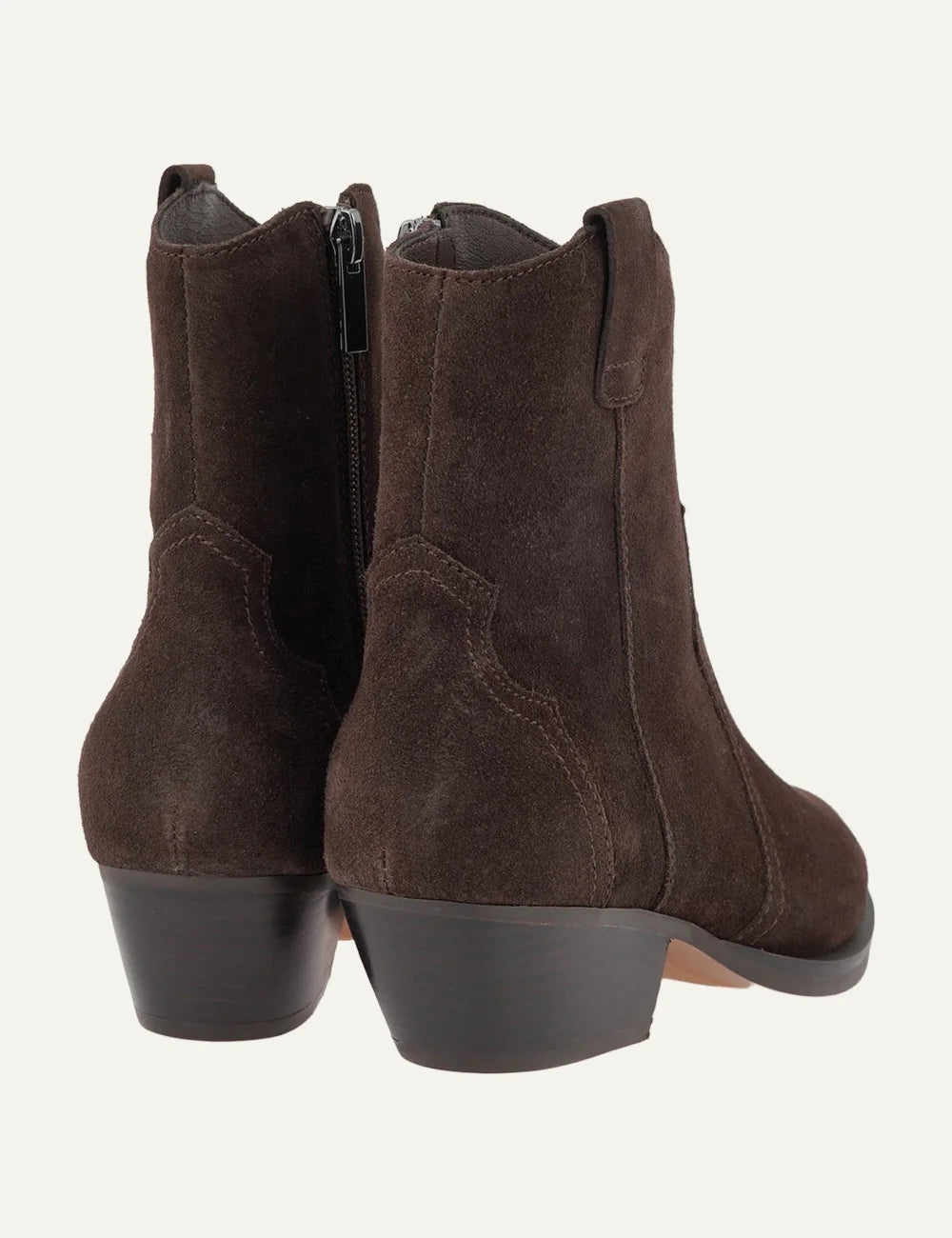 Another Trend women dark brown suede cowboy ankle boots with pointed toe and mid heel back