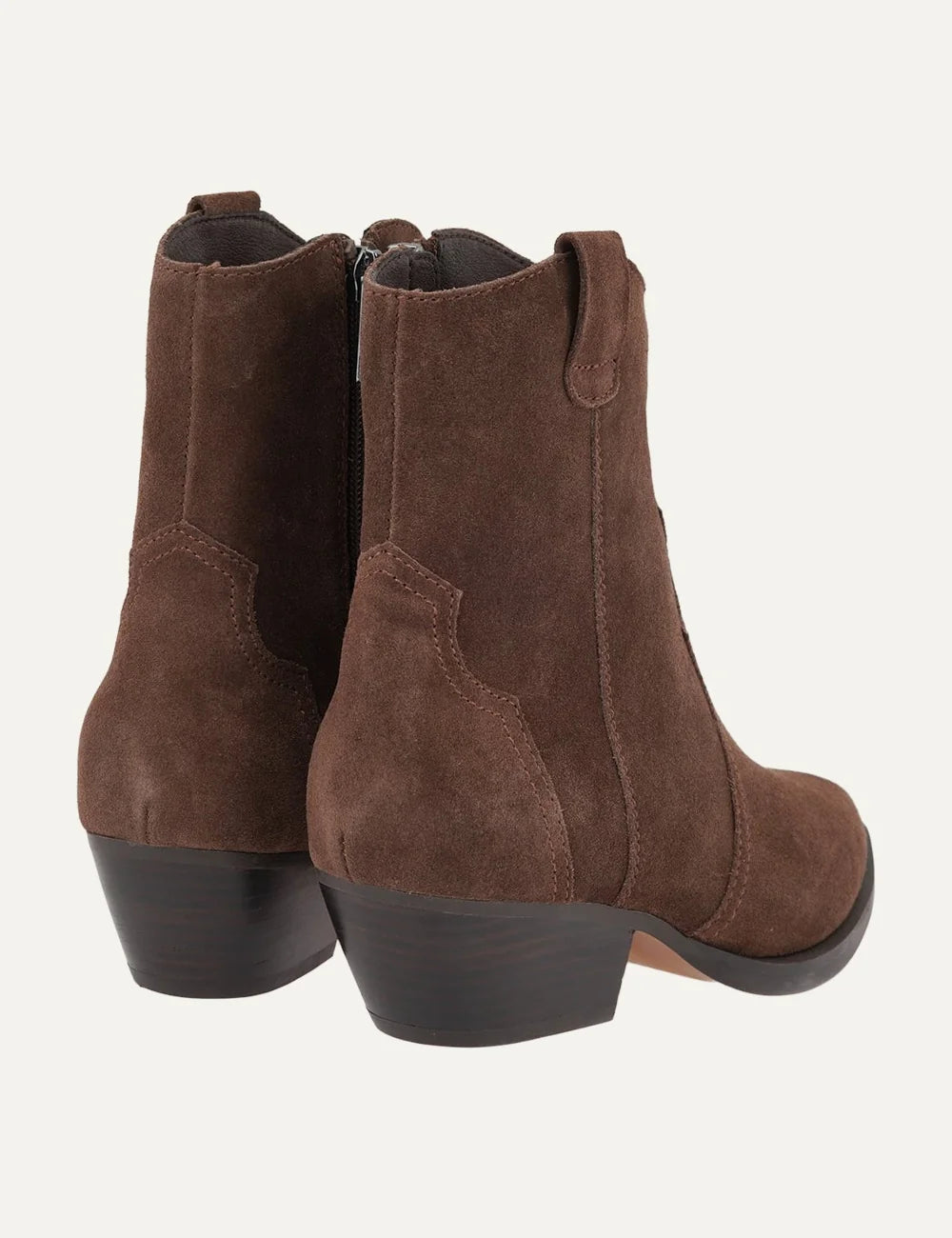 Another Trend women dark brown suede cowboy ankle boots with pointed toe and mid heel back
