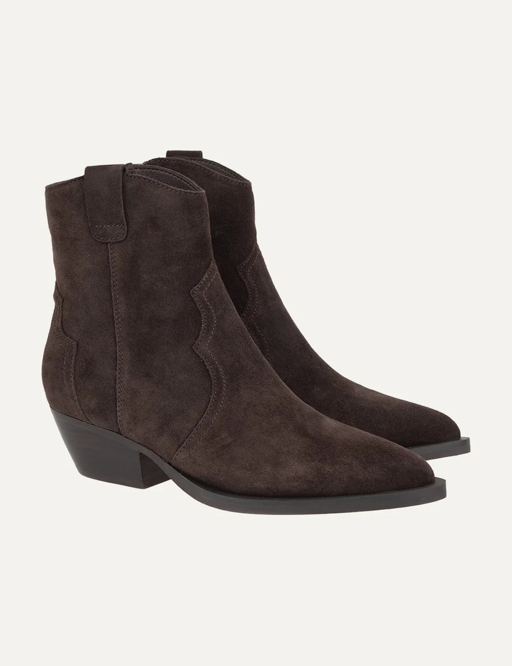 Another Trend women dark brown suede cowboy ankle boots with pointed toe and mid heel profile