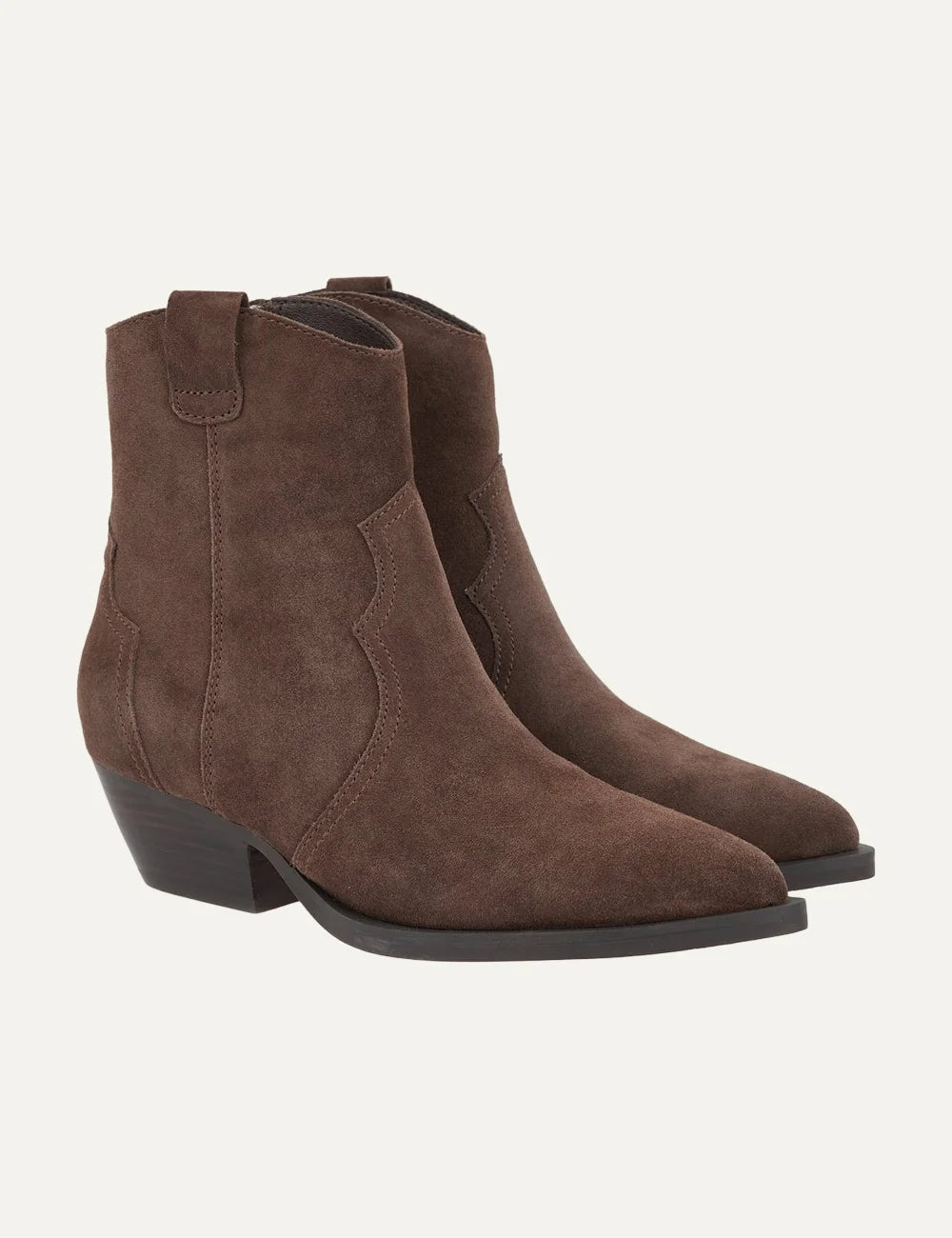 Another Trend women dark brown suede cowboy ankle boots with pointed toe and mid heel profile
