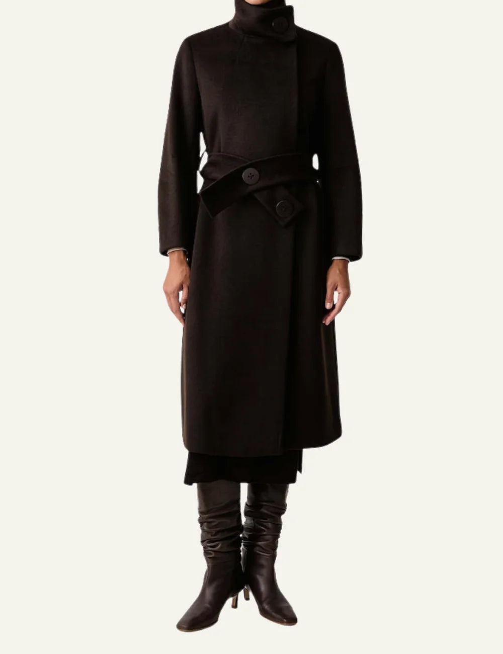 Women's Armani Exchange dark brown long wool-blend coat with high collar, asymmetric closure and buttoned waist belt model