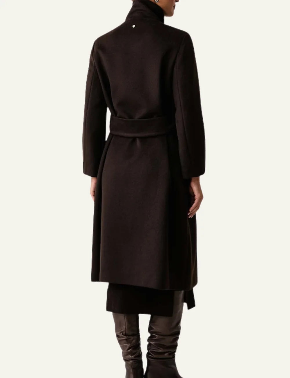 Women's Armani Exchange dark brown long wool-blend coat with high collar, asymmetric closure and buttoned waist belt back