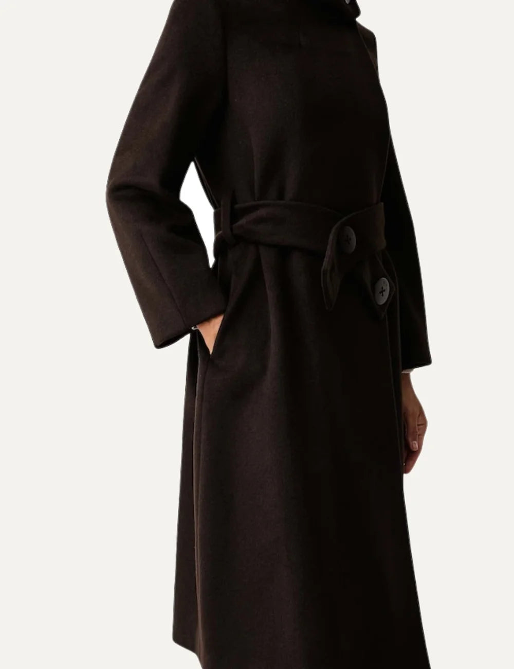 Women's Armani Exchange dark brown long wool-blend coat with high collar, asymmetric closure and buttoned waist belt pocket