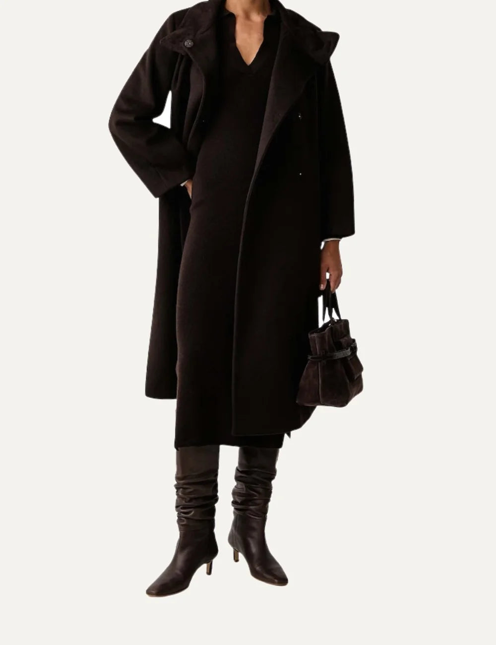 Women's Armani Exchange dark brown long wool-blend coat with high collar, asymmetric closure and buttoned waist belt