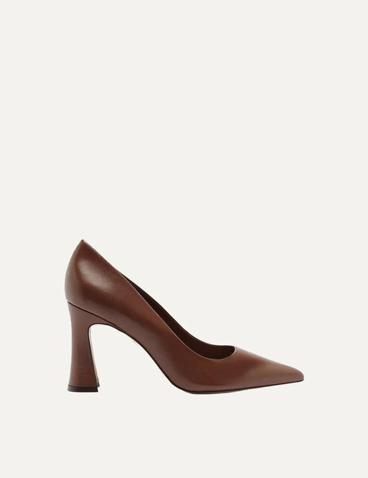 Arezzo women's brown leather pointed pumps with high flare heel side view
