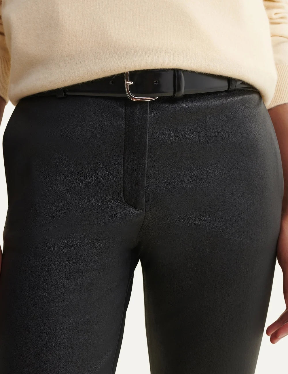 ARMA women's black lamb leather flare trousers detail
