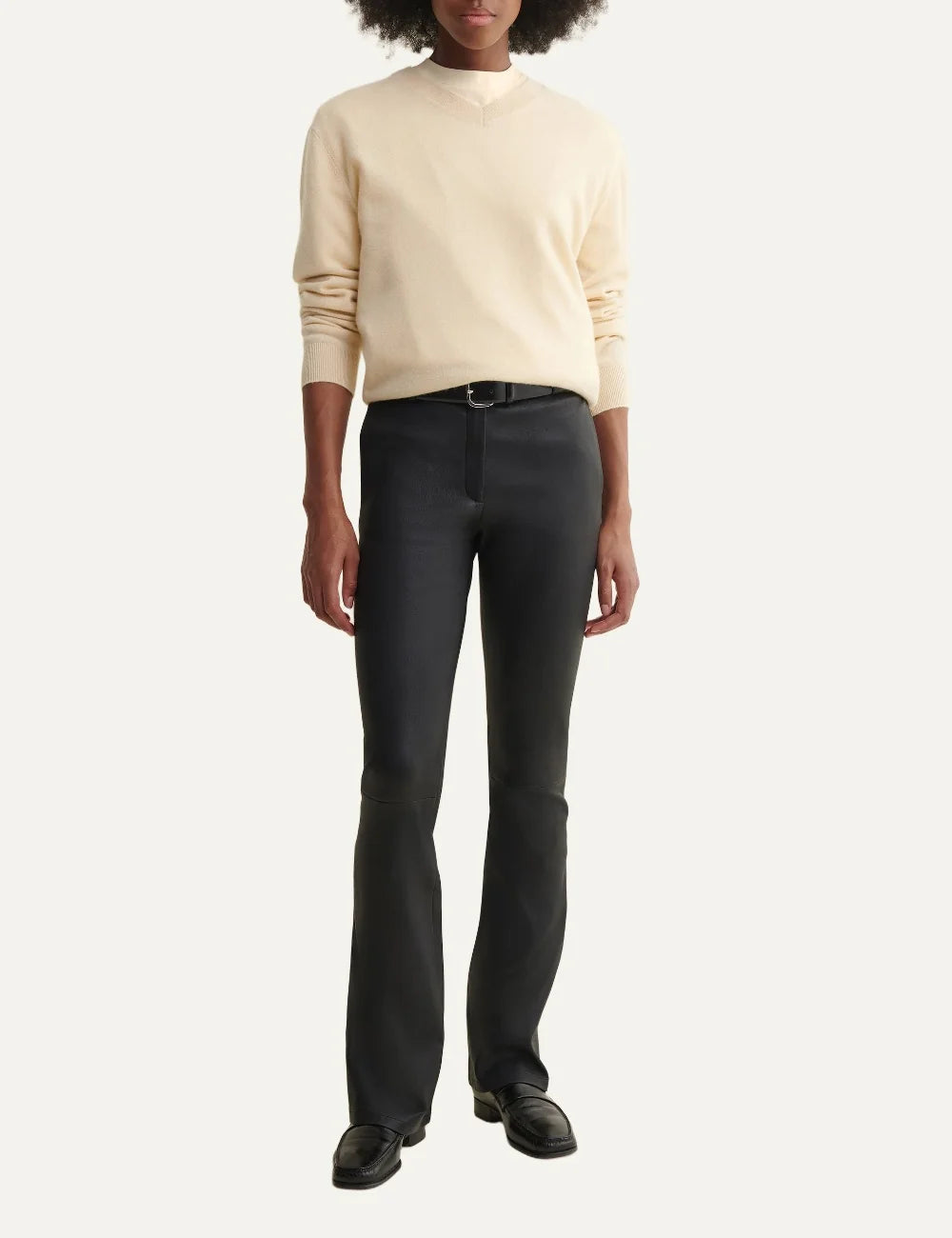 ARMA women's black lamb leather flare trousers full body